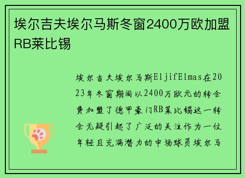 埃尔吉夫埃尔马斯冬窗2400万欧加盟RB莱比锡