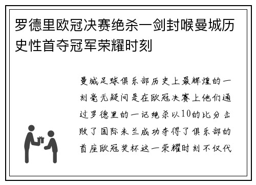 罗德里欧冠决赛绝杀一剑封喉曼城历史性首夺冠军荣耀时刻