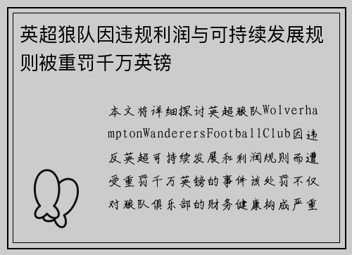 英超狼队因违规利润与可持续发展规则被重罚千万英镑
