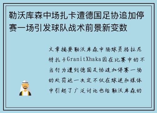 勒沃库森中场扎卡遭德国足协追加停赛一场引发球队战术前景新变数