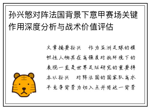 孙兴慜对阵法国背景下意甲赛场关键作用深度分析与战术价值评估